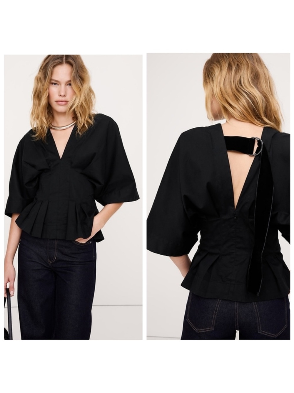 Banana Republic Stretch-Cotton Pleated Top Black NWT